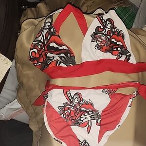 Winki Red and White Bikini Top And Crystals